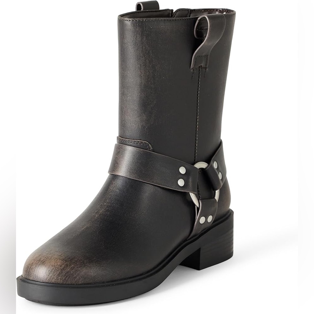 The Drop Women's Lilith Short Moto Boot with Buckles Distressed Brown